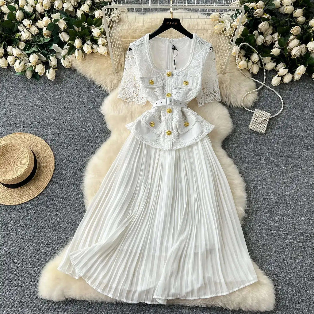 Designer 2025 Summer Pleated Chiffon Lace Long Dress Women Flower Embroidery Gold Button Belt Evening Party Dresses Wedding Robe Lootquake LLC