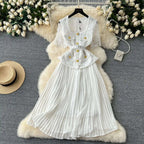 Designer 2025 Summer Pleated Chiffon Lace Long Dress Women Flower Embroidery Gold Button Belt Evening Party Dresses Wedding Robe Lootquake LLC