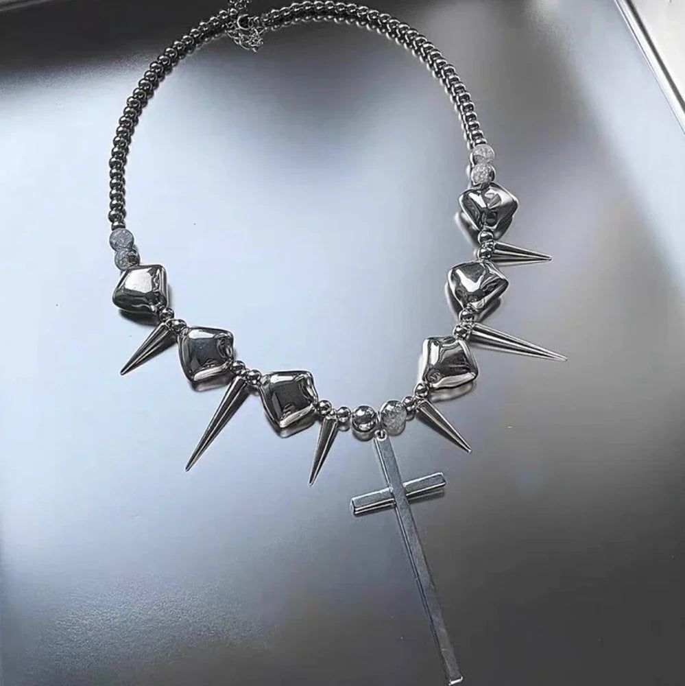 Retro Y2K Long Spike Rivet Necklace Stainless Steel Cross Hip Hop Necklace for Women Vintage Grunge Style Party Jewelry Lootquake LLC