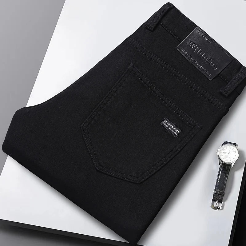 2024 New Winter Pure Black Fleece Thick Warm Jeans Men's loose Straight Elastic Denim Pants classics Casual Plush Trousers Lootquake LLC