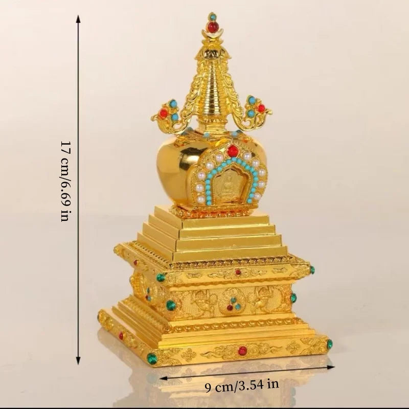 Buddha Statue Pagoda,Engraving Inlaid Gem Tibetan Alloy Double-Layer Tower,Altars Stupa,Buddhist Item Religious Decorative Lootquake LLC