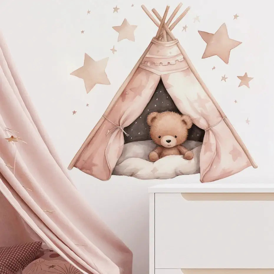 Cartoon Teddy Bear Tent Stars Wall Stickers for Kids Room Nursery Baby Room Decoration Wall Decals Room Interior
