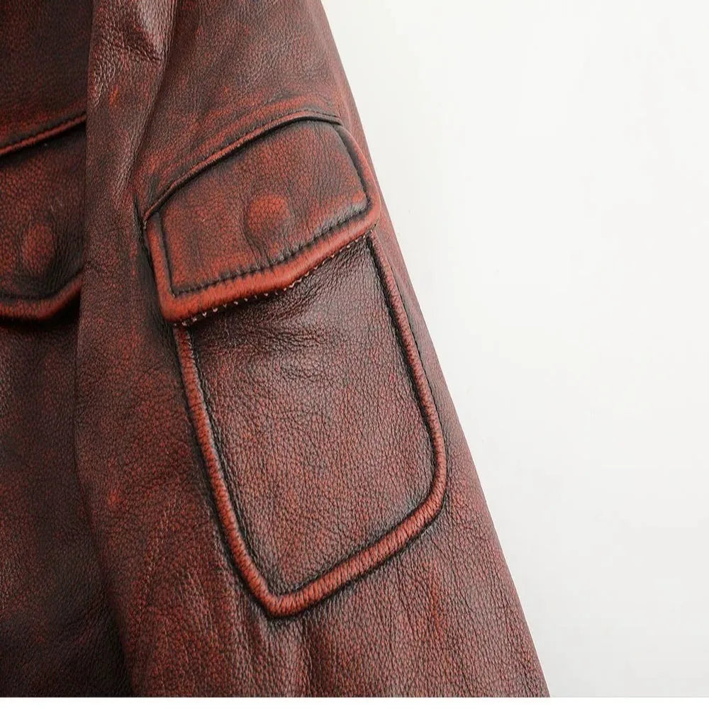 M65 Top Layer Cowhide Jacket  Fashion SlimFit Stand Collar Leisure Bomber Jacket 100% Genuine Leather Men's Vintage Short Pi-Mart