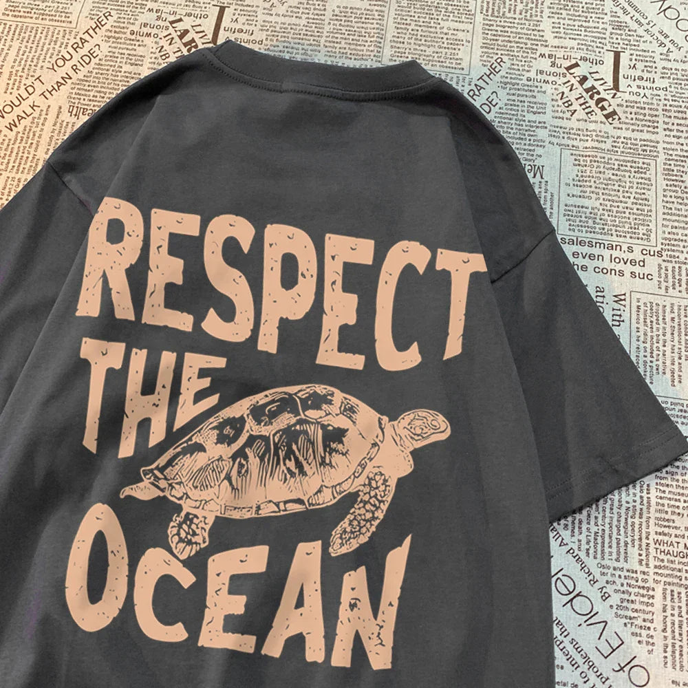 Respect The Ocean Green Turtle T Shirt Men Oversized Clothes Hip Hop Breathable Short Sleeve Harajuku Summer Cotton T-Shirt Lootquake LLC