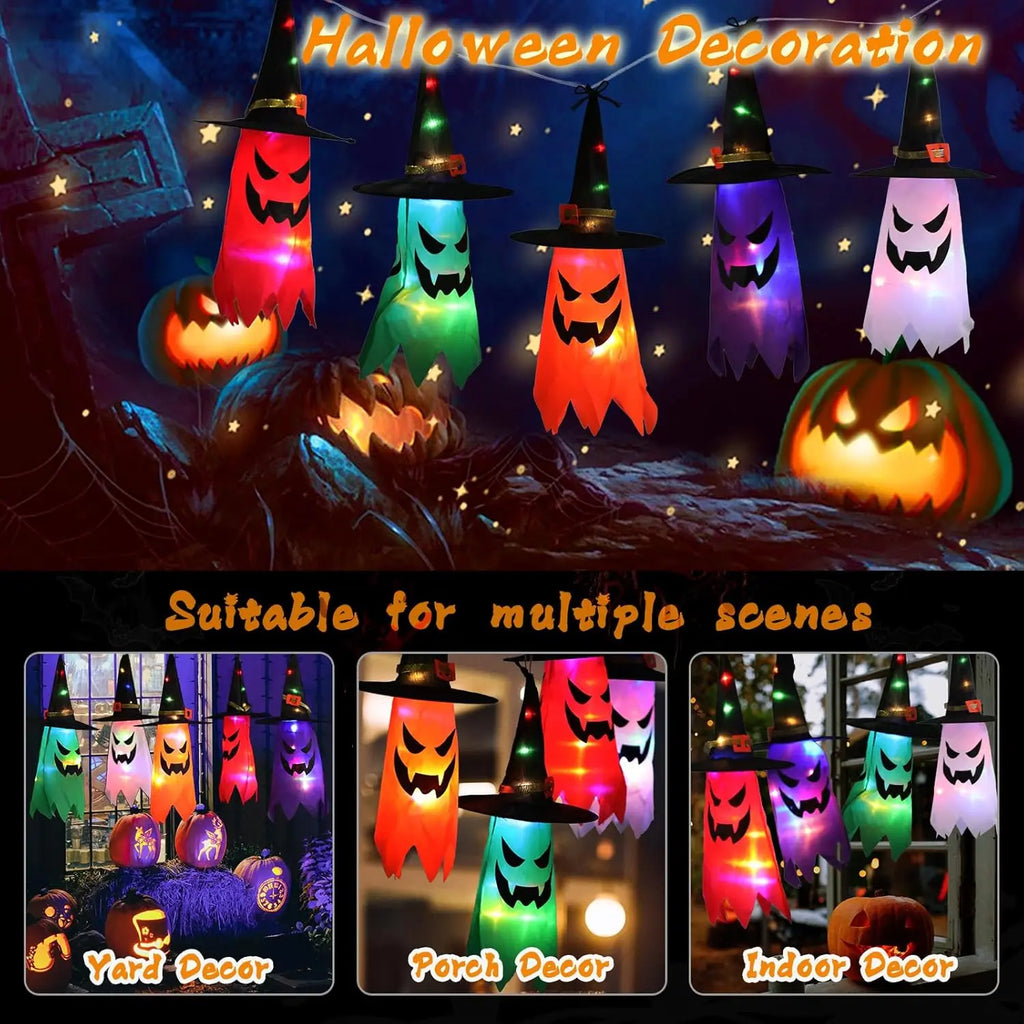 Halloween Glowing Witch Hat Lanterns Hanging Decoration for Garden Porch Room Indoor Outdoor Holiday Party Props Decor