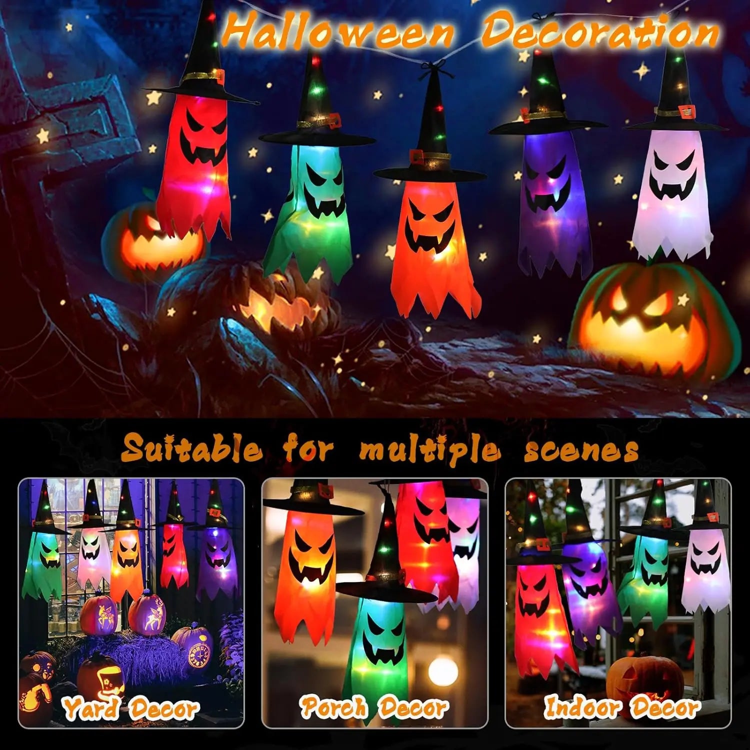 Halloween Glowing Witch Hat Lanterns Hanging Decoration for Garden Porch Room Indoor Outdoor Holiday Party Props Decor