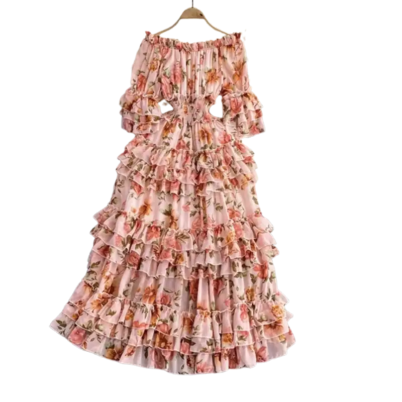 Summer New Off Shoulder  Wrap Waist to Show Thin A-line Fragmented Cake Dress Women's Beach Vacation Chiffon Long Dress GD820