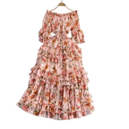 Summer New Off Shoulder  Wrap Waist to Show Thin A-line Fragmented Cake Dress Women's Beach Vacation Chiffon Long Dress GD820