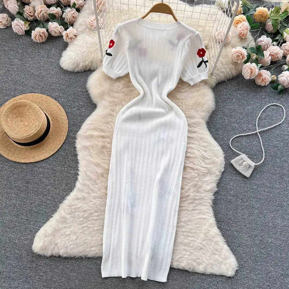 Crochet Dresses Knit Cut Out Dress Jurk Dames Beach Dresses for Women 2023 Short Sleevel Female Vestidos Mujer Maxi Long Dress
