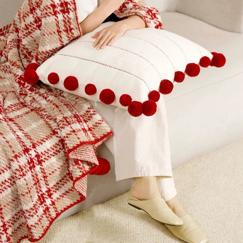 Half Flannel Plaid Blanket with Wool Balls Four Season Universal Red Soft Sofa Blanket Warm Napping Shawl for Home Travel Lootquake LLC