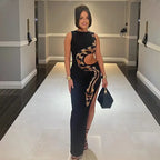 Tossy Python Printed Hollow Out Maxi Dress Female Slim Sexy Side Split Sleeveless Contrast Summer Party Dress Women's Long Dress