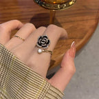 Black Rose Shaped Metal Opening Rings for Woman Girls Fashion Luxury Zircon Adjustable Index Finger Rings Jewelry Party