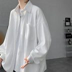 Solid Color Turn-Down Collar Long Sleeve Loose Fit Shirt with Pockets - Stylish & Functional Casual Top for Men & Women M-XXXXXL