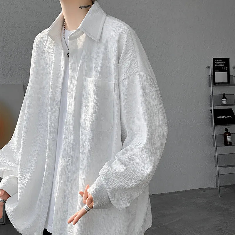 Solid Color Turn-Down Collar Long Sleeve Loose Fit Shirt with Pockets - Stylish & Functional Casual Top for Men & Women M-XXXXXL