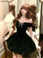 Black French Vintage Elegant Design Woman Dress Gothic Off Shoulder Retro Mini Dress Female Fairy Birthday Party Chic Outfits
