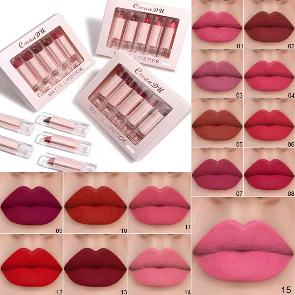 5 Pcs  Matte Lipstick Sets Lip Gloss Moisturizing Long-lasting Easy Makeup Fashion Classic Shades For Daily Date Exquisite Gift Lootquake LLC