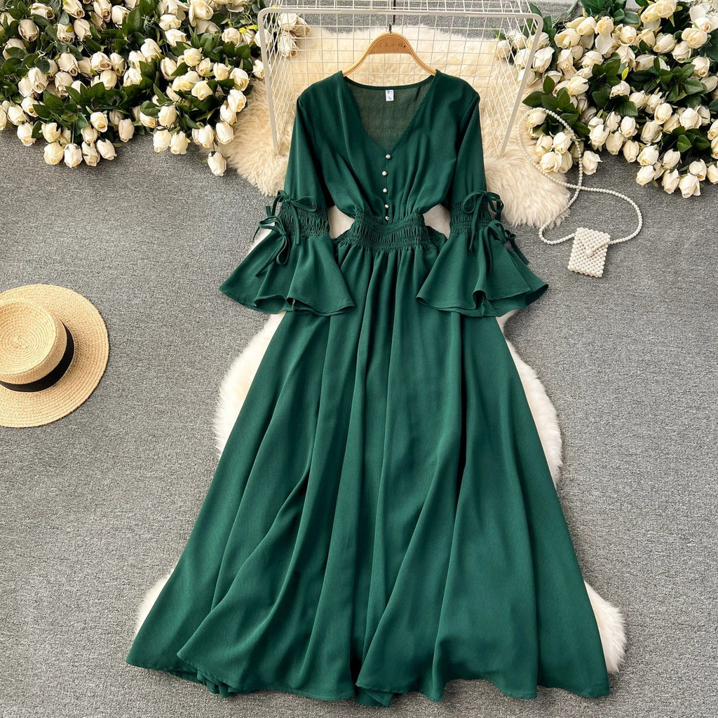 Purple/Green/Red Pleated Maxi Long Dress Women Vintage V-Neck Flare Sleeve Draped Ruffle Vestido Female Maxi Robe Summer Lootquake LLC
