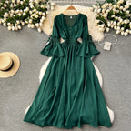Purple/Green/Red Pleated Maxi Long Dress Women Vintage V-Neck Flare Sleeve Draped Ruffle Vestido Female Maxi Robe Summer Lootquake LLC