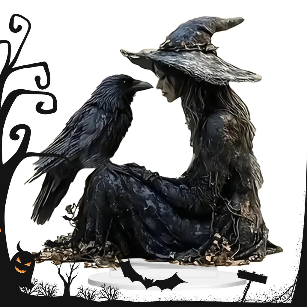 Halloween Desk Decor 2D Acrylic Indoor Tabletop Sign Gothic Witch Crow Ornament for Halloween Dorm Nightstand Studio Shelf Lootquake LLC