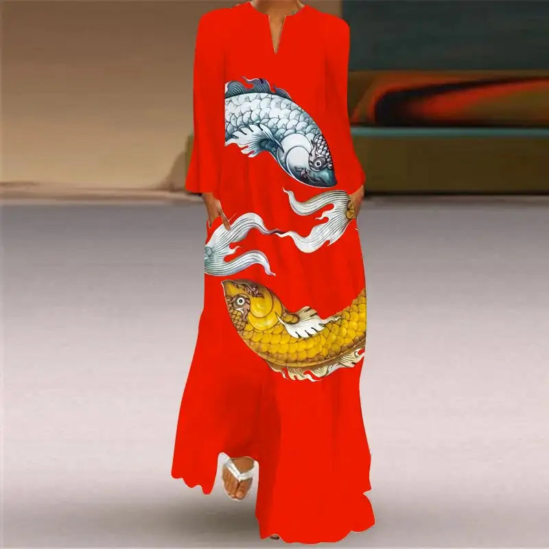 Women Autumn Winter Long Dress Elegant Party Casual V Neck Long Sleeve Vestids Style Loose Stripe Printing Vintage Maxi Dresses