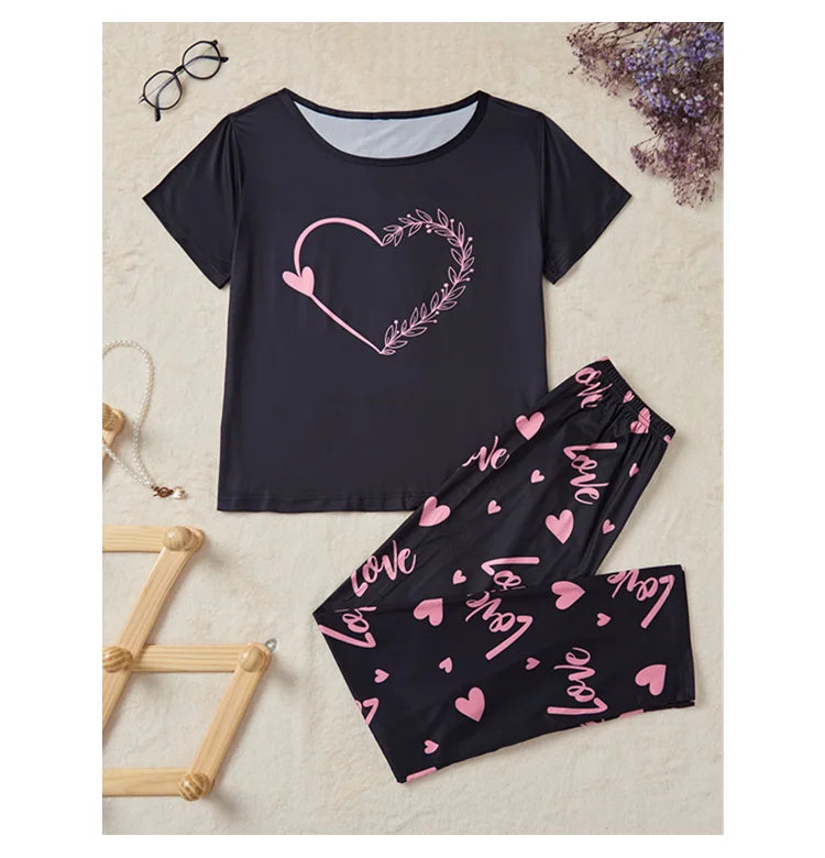 Women's Sleepwear Cozy Heart Print Relaxed Fit Pajama Set Short Sleeve Tee Top & Pants Nightwear 2 Piece Pyjama for All Seasons Lootquake LLC
