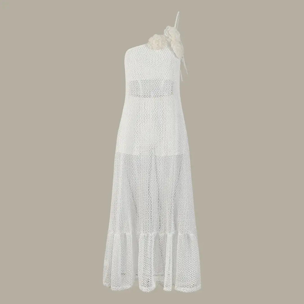 Sexy 3D Flower Long Dress Women 2024 Summer Semi-sheer Party Dresses Elegant Slim One Shoulder Maxi Vestidos Holiday Beach Robe