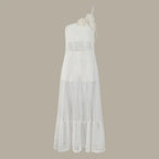Sexy 3D Flower Long Dress Women 2024 Summer Semi-sheer Party Dresses Elegant Slim One Shoulder Maxi Vestidos Holiday Beach Robe