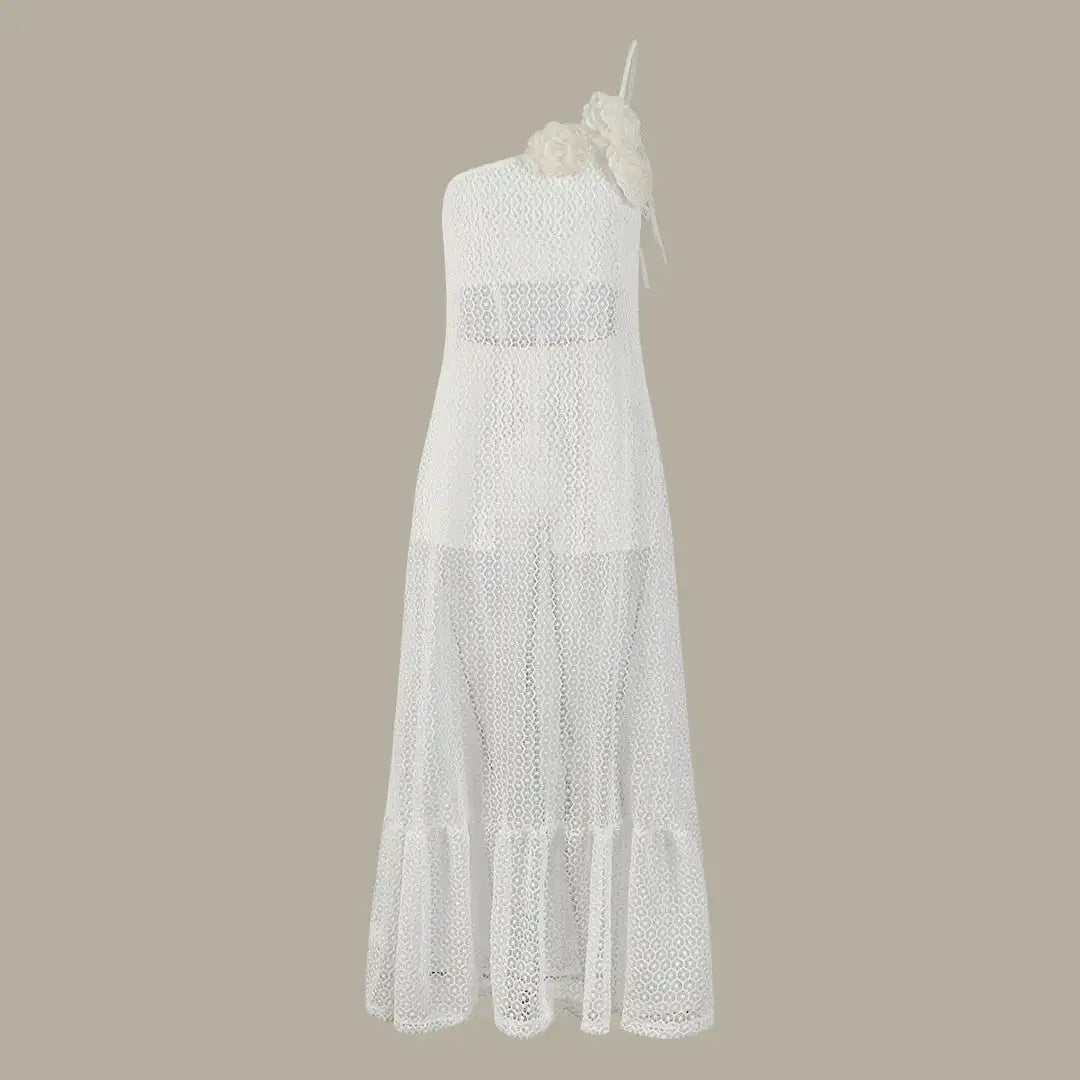 Sexy 3D Flower Long Dress Women 2024 Summer Semi-sheer Party Dresses Elegant Slim One Shoulder Maxi Vestidos Holiday Beach Robe