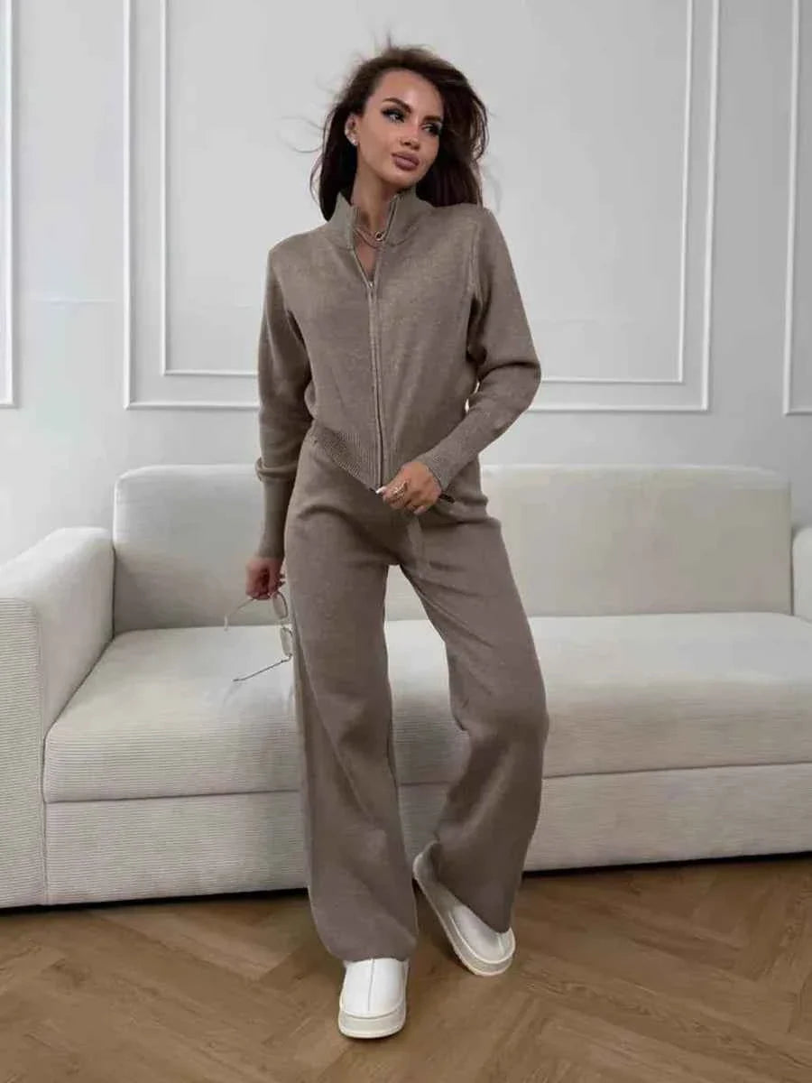 Knit Zip Cardigan & Wide Leg Pants Set THRIXINE