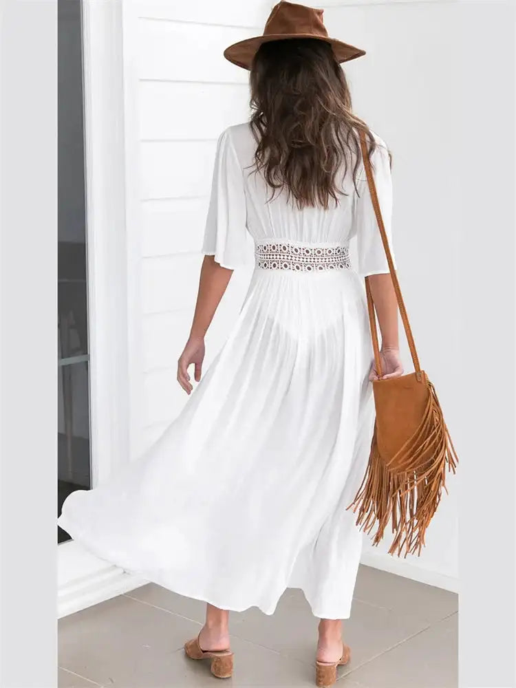 2024 Summer Bikini Cover-ups Women Bohemian Beach Long Dress Short Sleeve Lace Hollow Out Cardigan Swimwear Cover Ups Beachwear Lootquake LLC