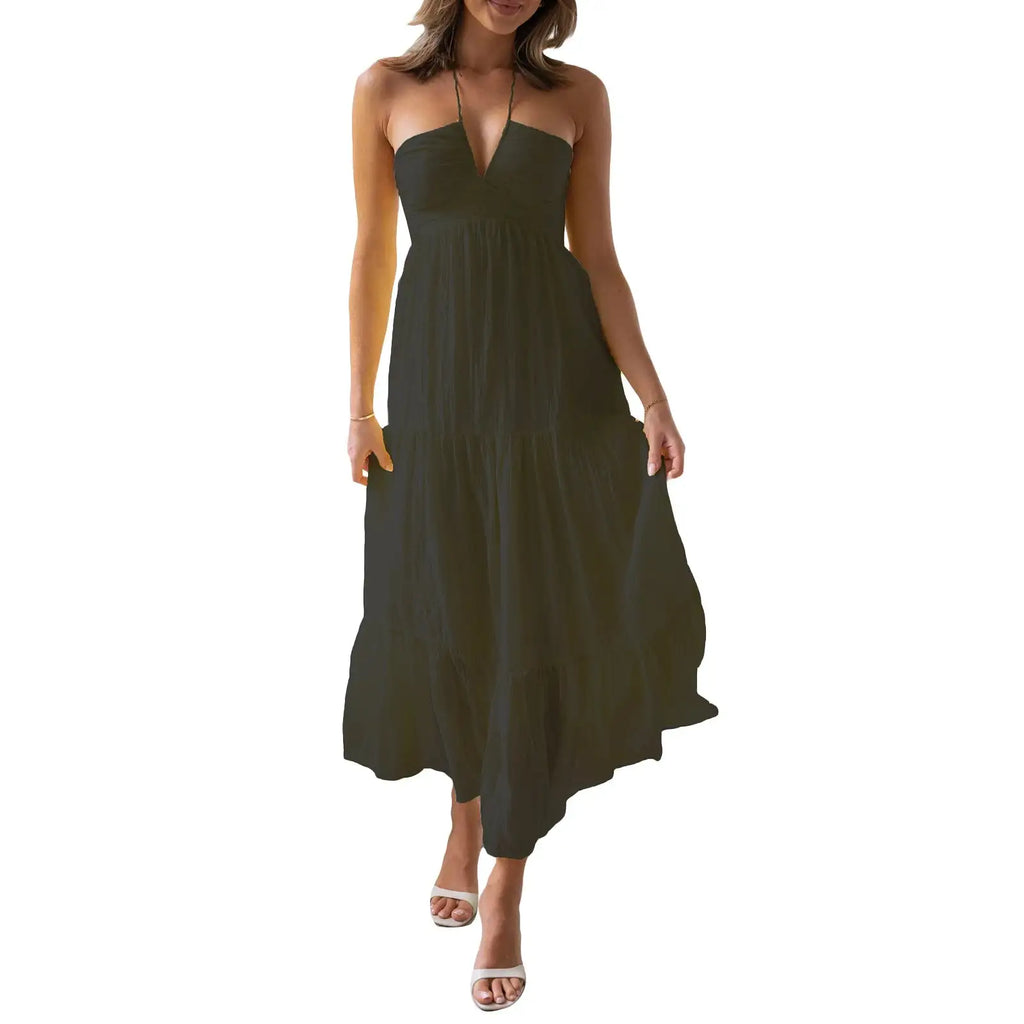 Women Low Cut Backless Maxi Dresses Elegant Spaghetti Strap Tiered Long Dress Relax Fit Open Back Cutout Flowy Sundress