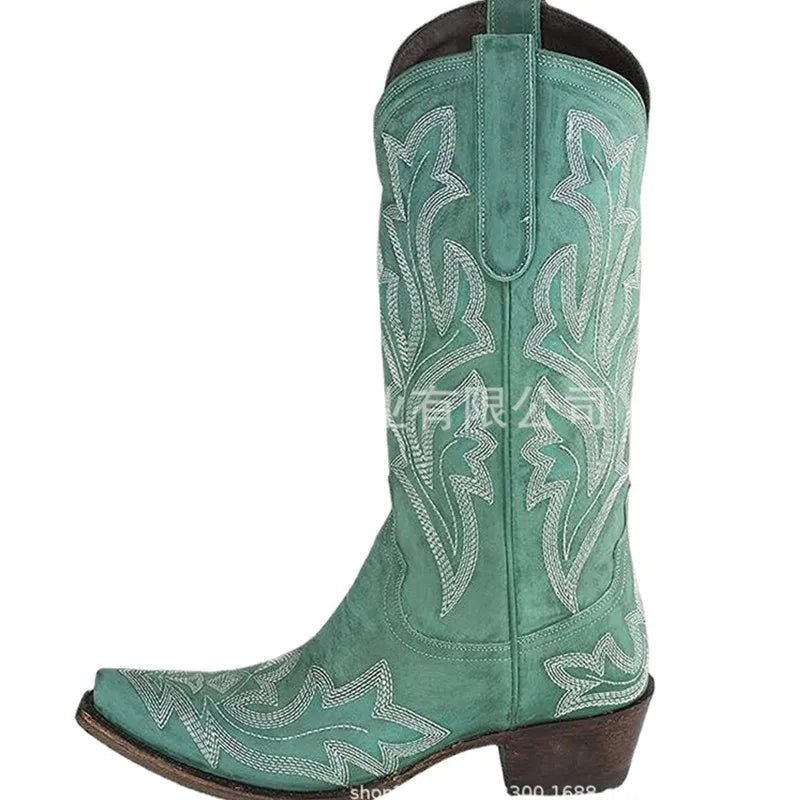 Embroidery Cowboy Boots For Women Knee High Med Calf Vintage Western Cowgirl Boots Women Heeled Casual Shoes Autumn Block Heel Lootquake LLC