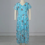 Vestidos Verano Moda 2024 Women's Swing Long Dress Chiffon Floral Short Sleeve Ruffle V Neck Fashion Waist Flowy Dress платье