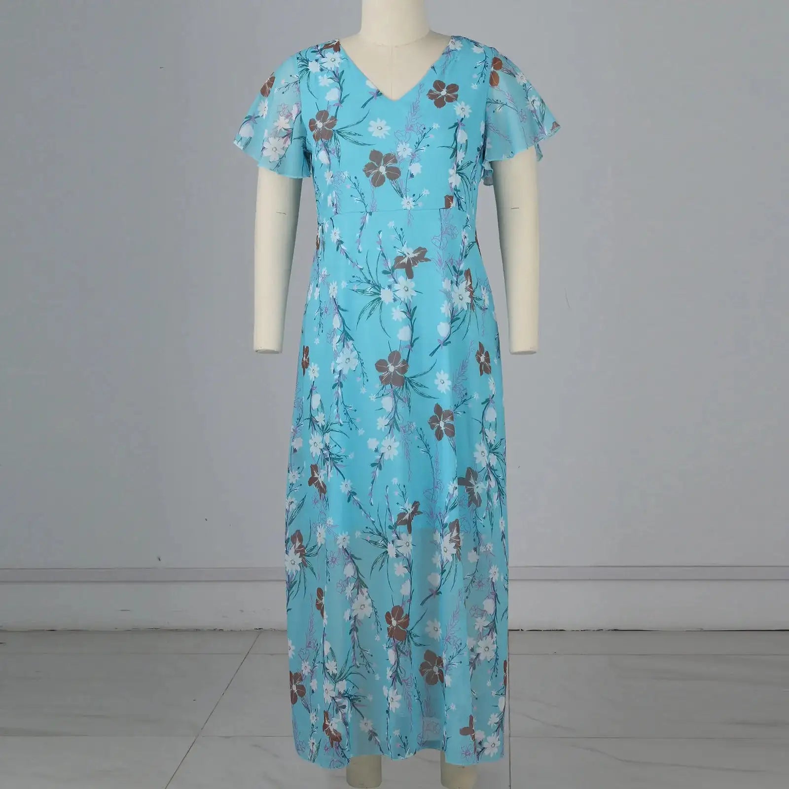 Vestidos Verano Moda 2024 Women's Swing Long Dress Chiffon Floral Short Sleeve Ruffle V Neck Fashion Waist Flowy Dress платье