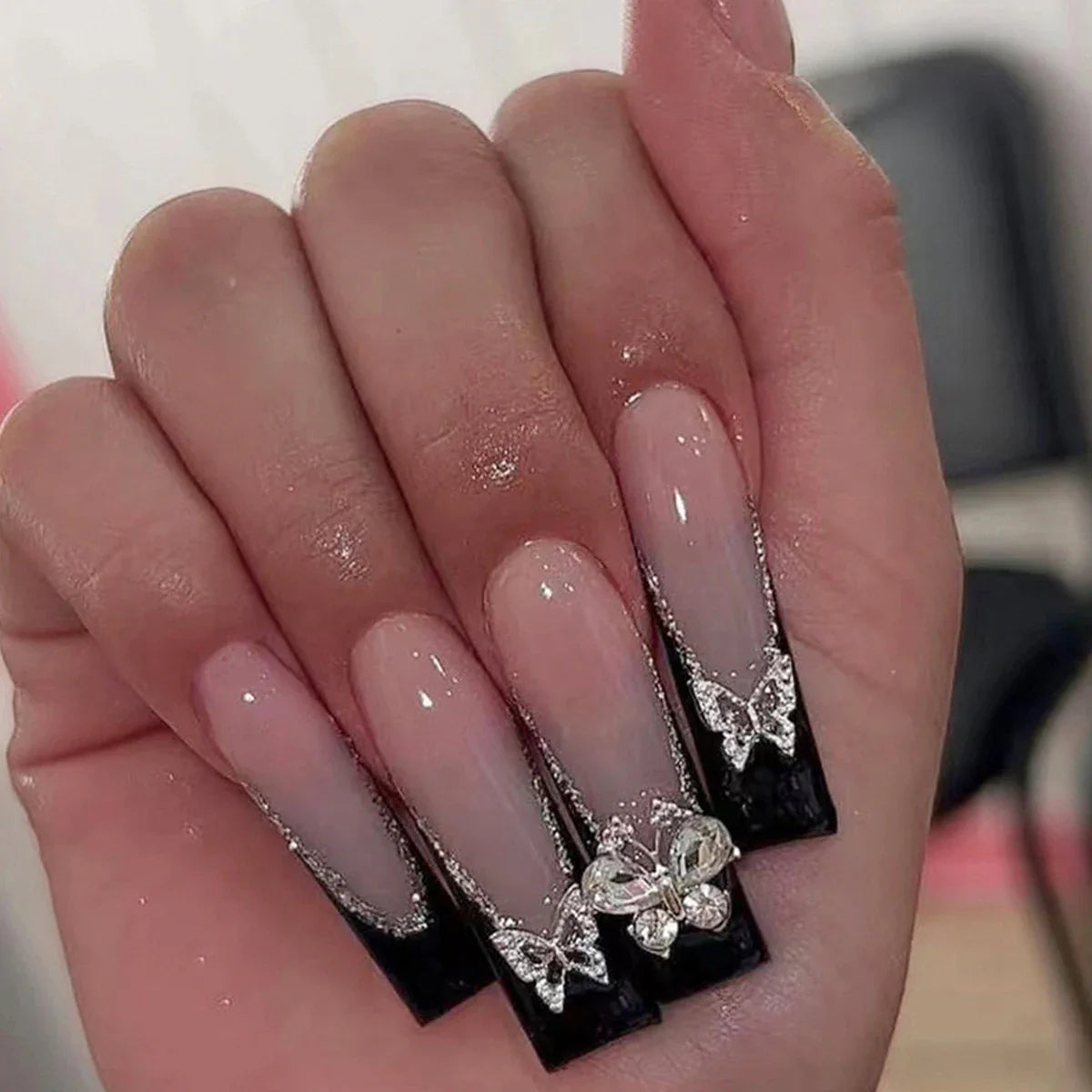 Luxury Women Girls Super Long Square Black French Sparkling Bow Decoration Full Coverage Wearable Fake Nail Press on Nail Art Lootquake LLC