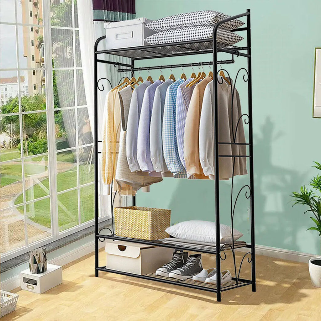 Bingopaw Black Metal Clothes Rack Stand Heavy Duty Garment Rail with 2 Storage Shelves for Shoes & Closet Organization Lootquake LLC