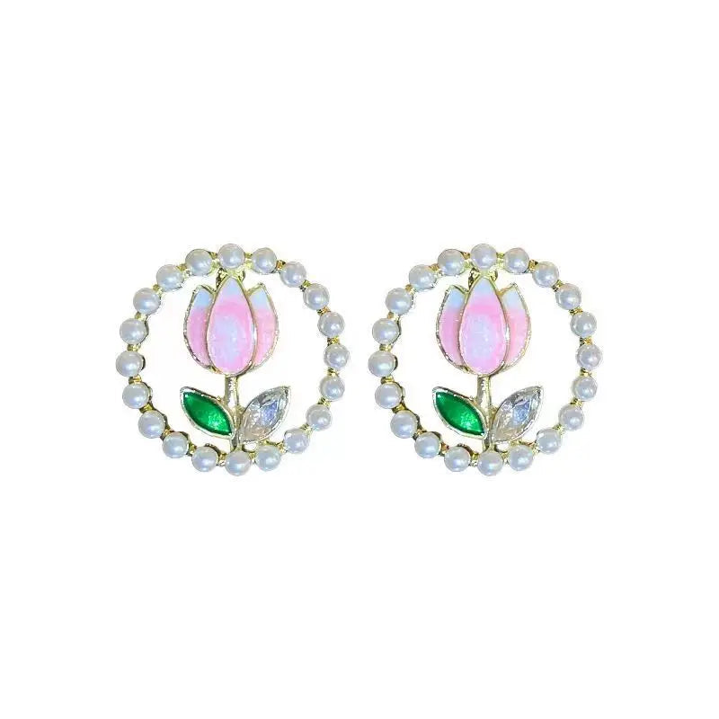 Kiss Jewelry Cute Sweet Flower Round Shape Pearl Rhinestone Stud Earrings for Women Tulip Floral Korean Fashion Earring Gift Lootquake LLC