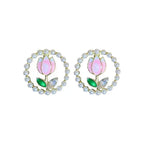 Kiss Jewelry Cute Sweet Flower Round Shape Pearl Rhinestone Stud Earrings for Women Tulip Floral Korean Fashion Earring Gift Lootquake LLC