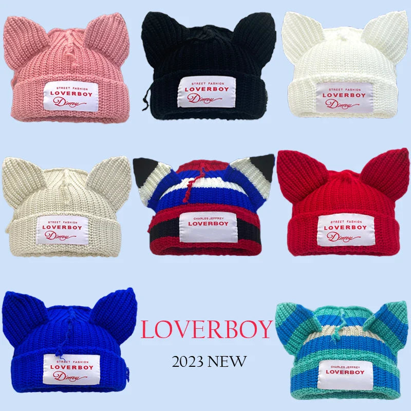 2023 New Long Ear Fox Hat Skullies Beanies Women Cute Rabbit Ears Crochet Knitted Hat Men Winter Hip-hop Warm Cap Christmas Gift Pi-Mart