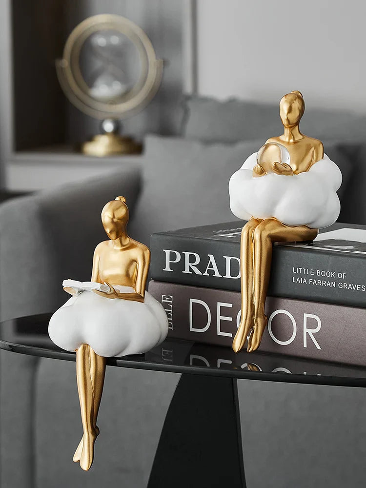 Sitting ballet girl art Golden sculpture Sitting posture ornament home accessories Statuettes Figurines office decor Statues Lootquake LLC