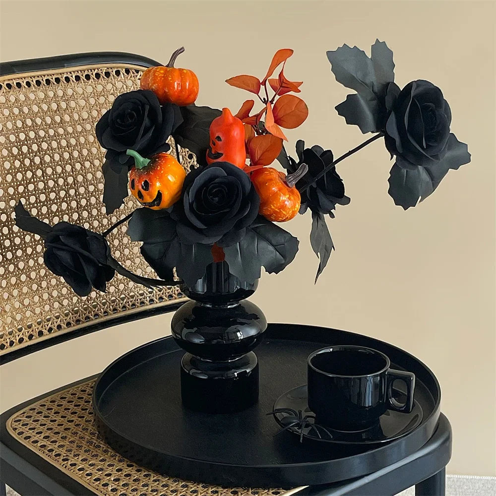 Halloween Decoration Artificial Flowers Bouquet With Pumpkins & Black Roses, Halloween Table Centerpiece For Dining Living Room Lootquake LLC