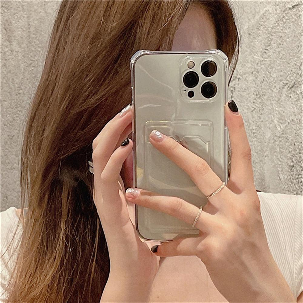 Transparent Card Slot Holder Case for iPhone 13 11 12 14 Pro Max Mini Clear Shockproof Soft Wallet Cover Clear Phone Case with Card Holder Slim Protective Soft Shock Absorbing Case with Card Holder Stevvex