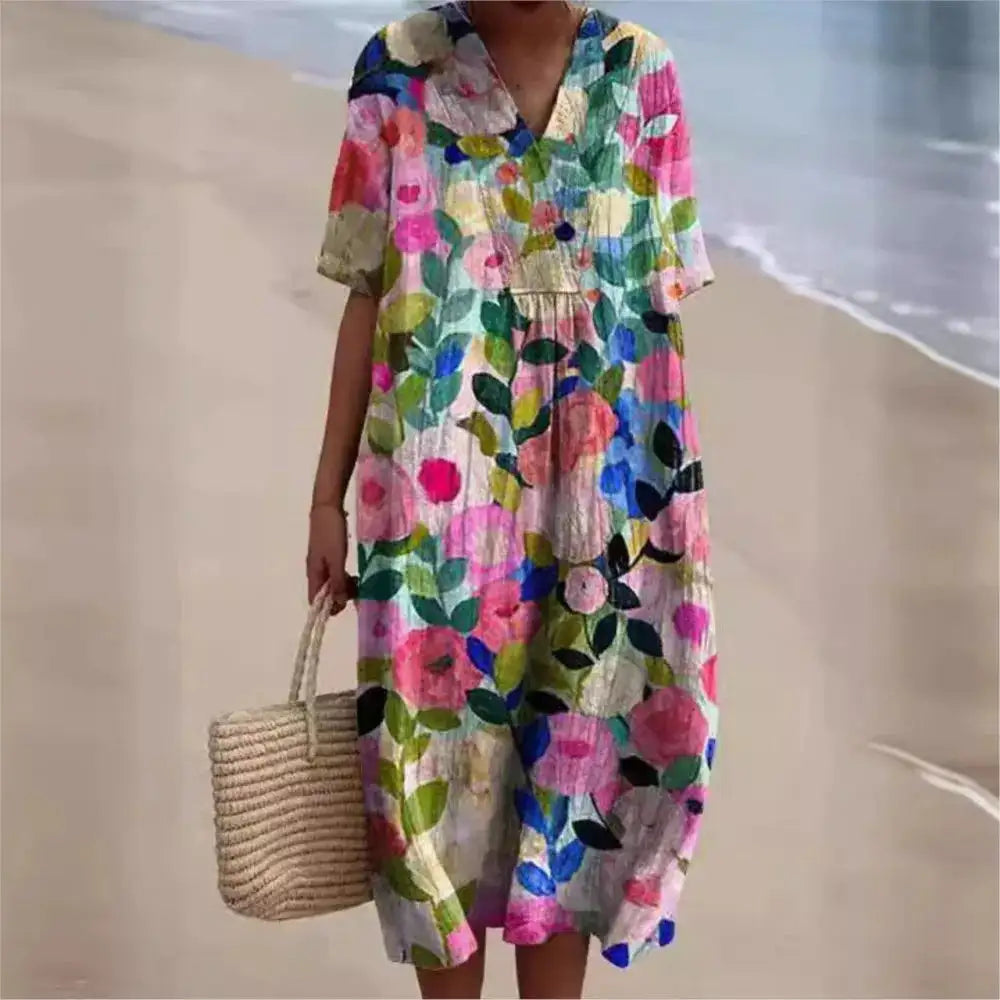Casual Short Sleeved V-neck Big Swing Dress 2024 New Women's Loose Printed Long Dress Female Retro Flower Print Pullover Dresses