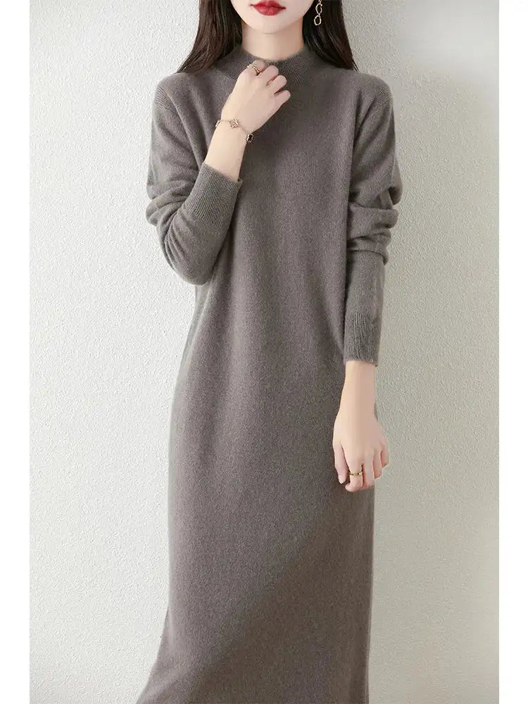 Autumn Winter Women's Wool Long Dress Cashmere Mock Neck Pullover Sweater 100% Merino Wool Soft Knitwear OL Simple Basic Dress Lootquake LLC