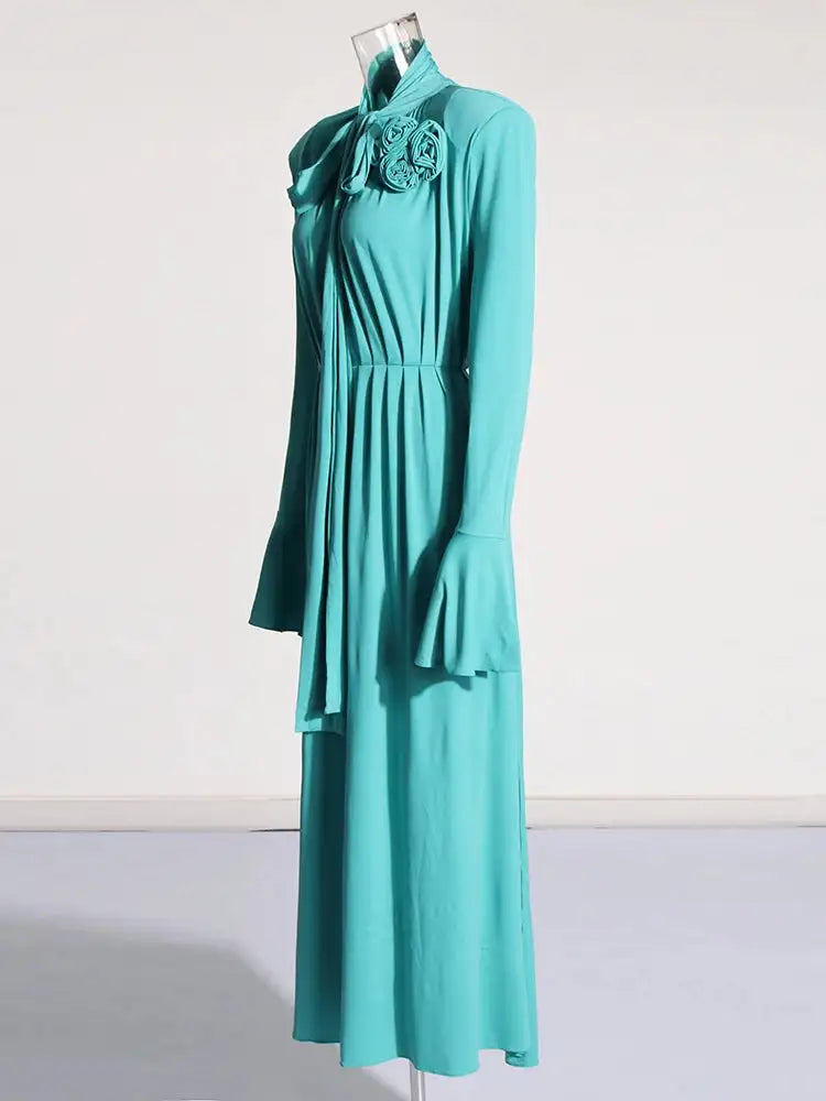 Solid Patchwork Appliques Dresses For Women Half High Collar Flare Sleeve High Waist Elegant Long Dress Female Fashion New