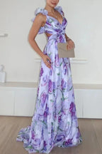 2025 Sexy Printed Chiffon Long Dress Summer Fashion Elegant V Neck Ruffles Edge Slim Vacation Sleeveless Backless Party Dresses