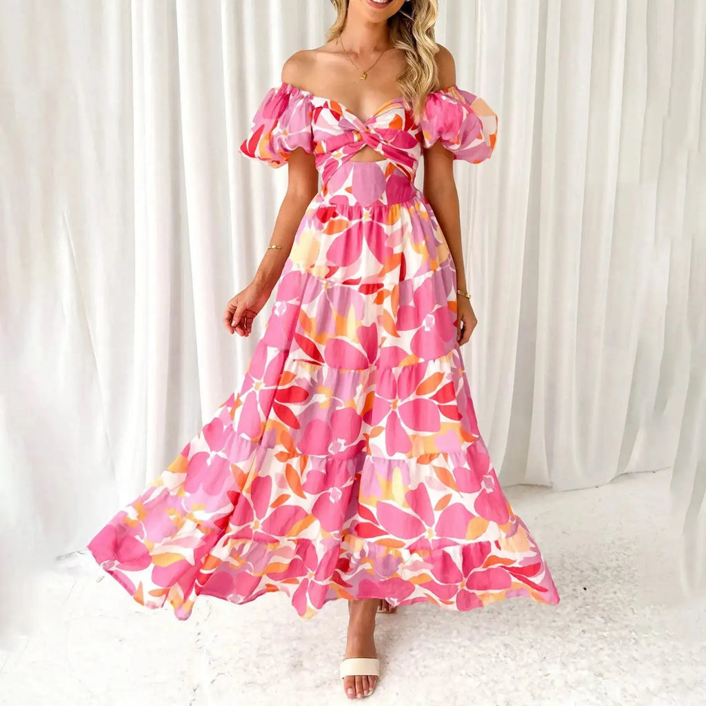 Summer V Neck Cutout Floral Print Dresses Elegant Women Puff Short Sleeve Casual Dress Pleated Waisted Swing Beach Long Dress