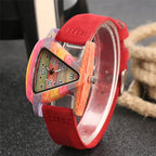 Unique Triangle Women's Wood Watch Creative Colorful Lady Green/ Red Genuine Leather Wristwatch Elegant Womens Watches Top Gifts