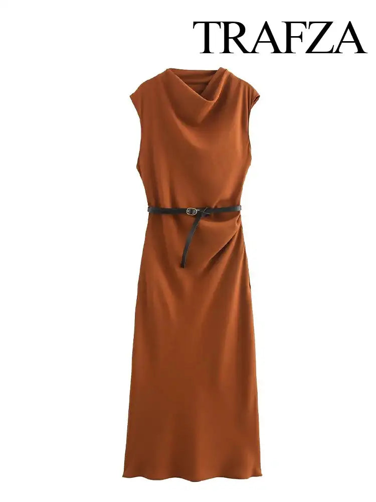 TRAFZA Women's Autumn New Fashion Versatile Belted Midi Slim Long Dress Female Elegant High Street Sleeveless Casual Dress Mujer