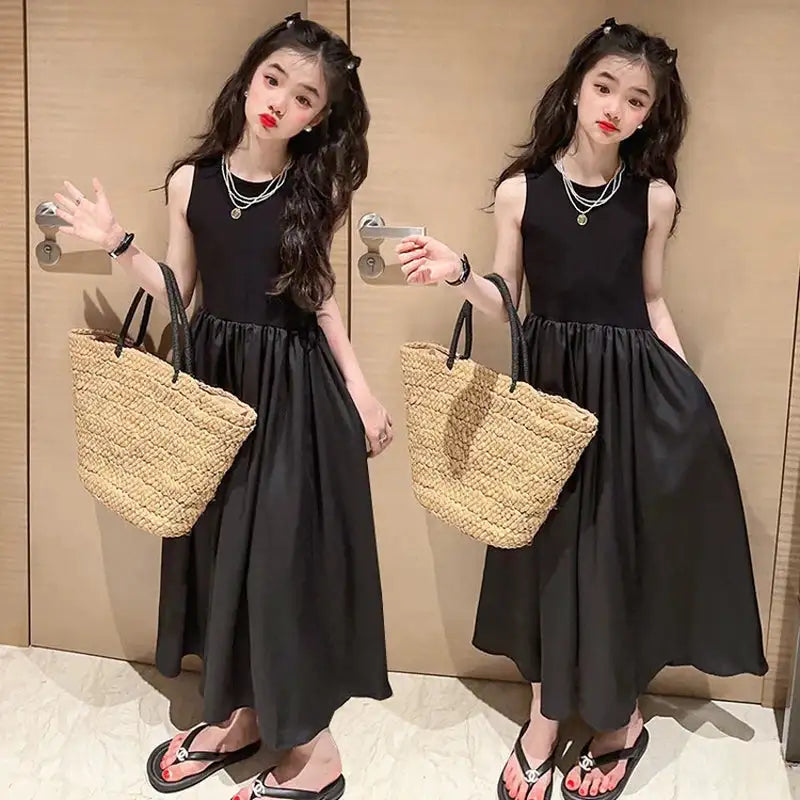 Girls Dresses 2024 New Fashionable Girls' Summer High End Black Solid Long Dress for Children's Summer Sleeveless Vest Dress